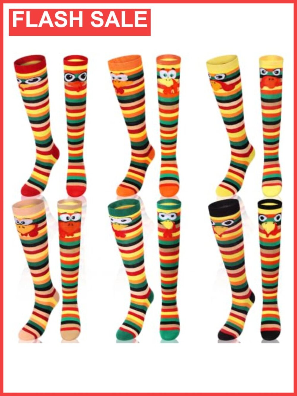 6 Pair Turkey Trot Thanksgiving Mid Calf Socks Polyester Spandex Blend